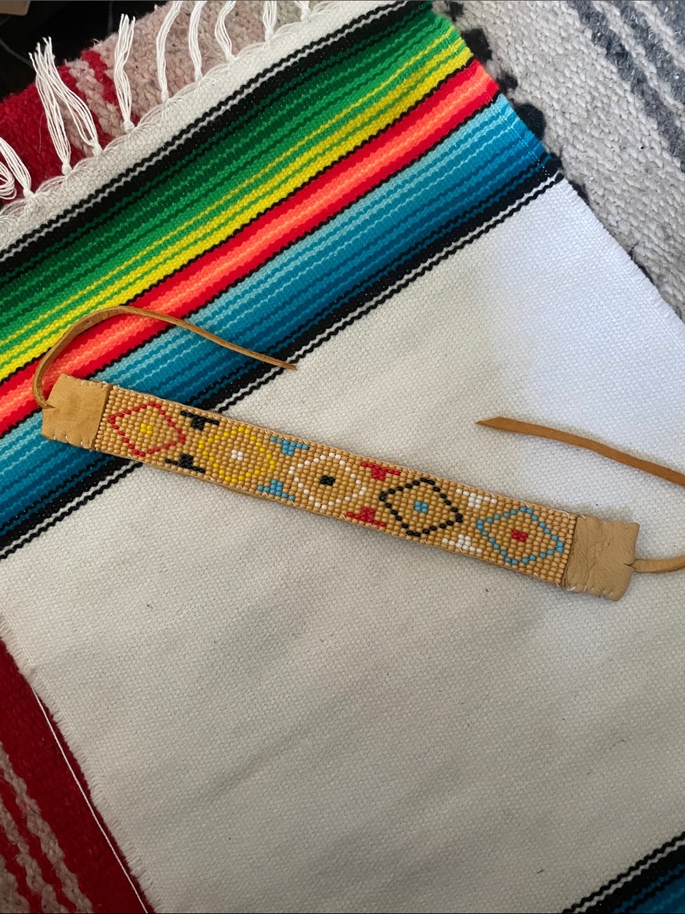 Handmade Beaded Real Leather Tie bracelet- Yellow with Turquoise & Red Accents